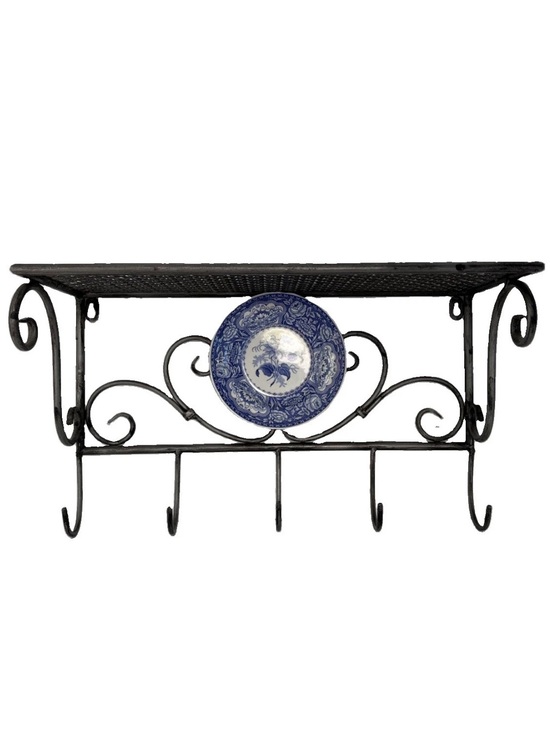 Other - Black Wrought Iron Wall Shelf with Hooks and Decorative Blue Plate